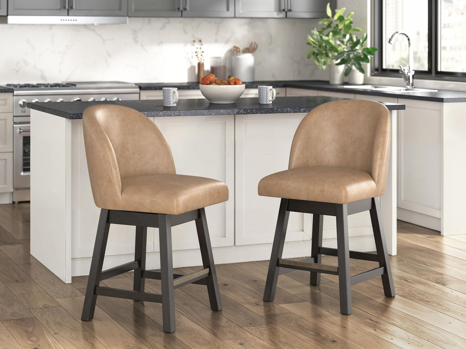 Neymorton - Upholstered Swivel Faux Leather Barstool (Set of 2) - Dark Grayish Brown – alternate view 2