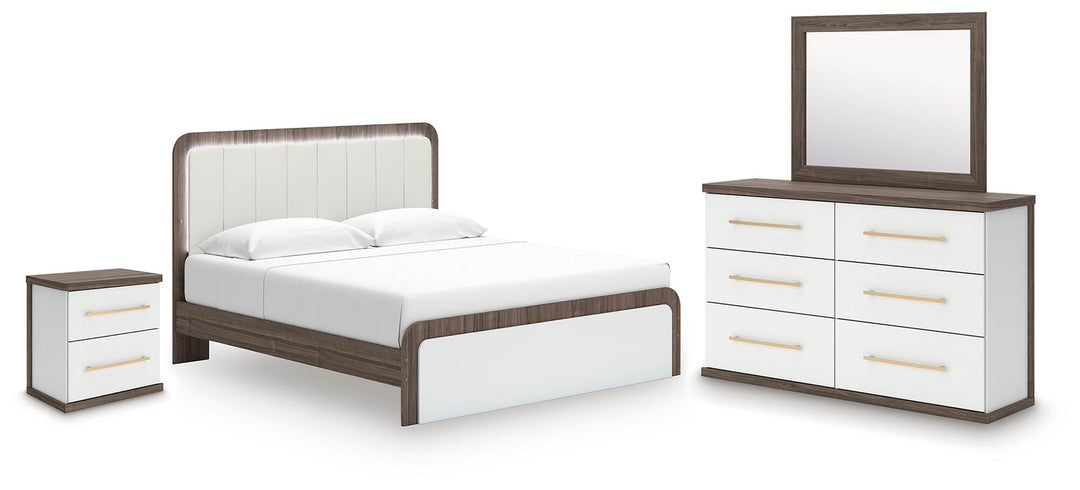 Kendanport - 4 Pc. - King Platform Bed, Dresser, Mirror And Nightstand - Brown / White