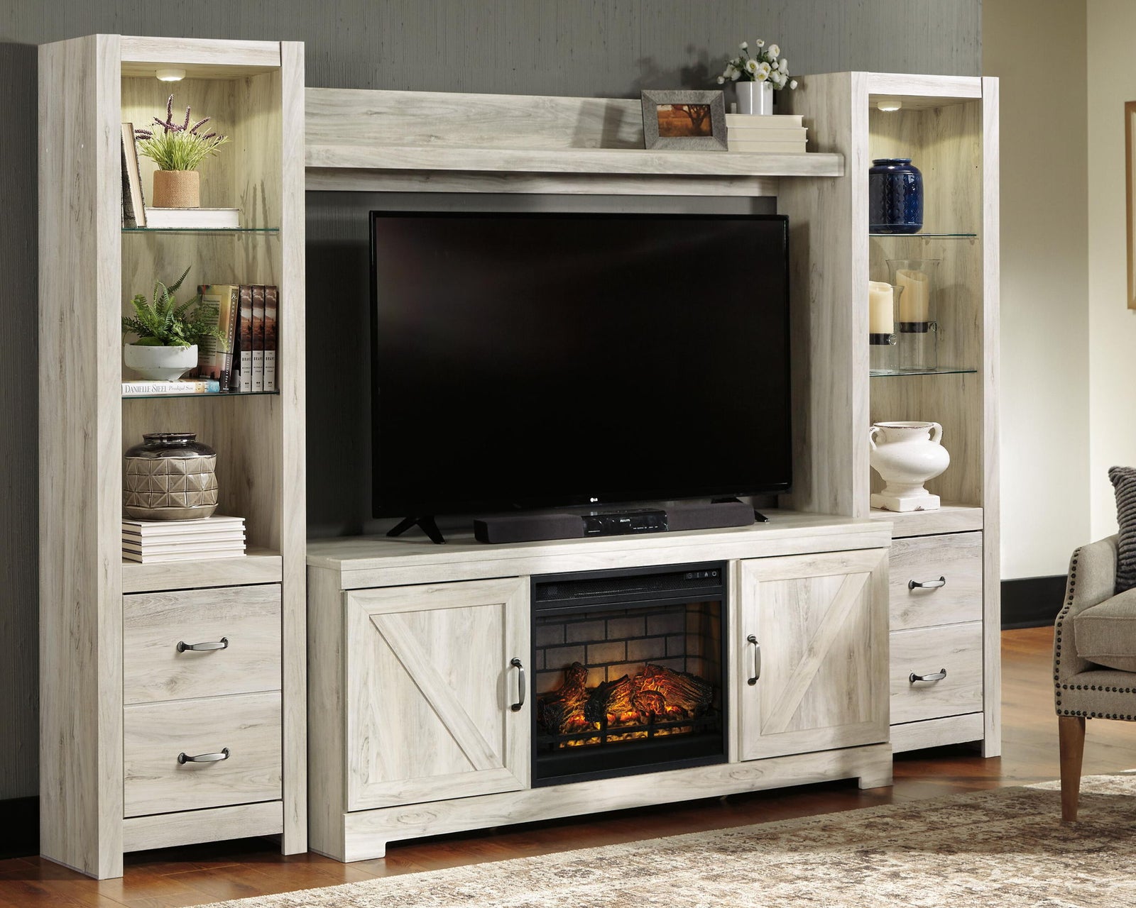 Bellaby - Entertainment Center - TV Stand With Faux Firebrick Fireplace Insert - Whitewash – alternate view 2