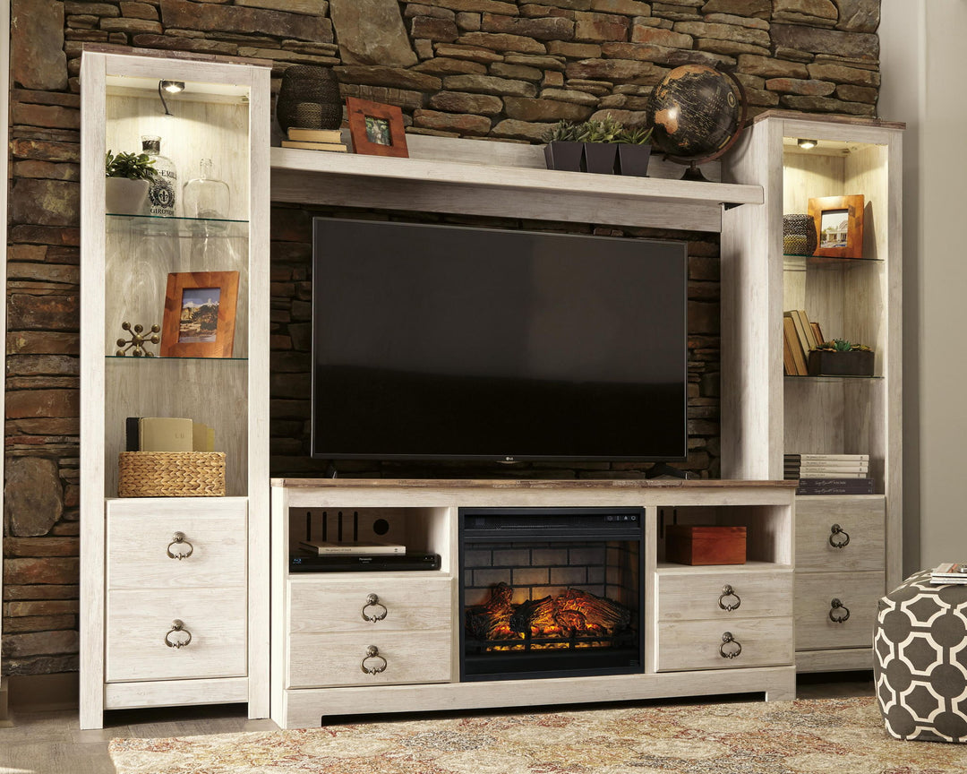 Willowton - Entertainment Center - TV Stand With Faux Firebrick Fireplace Insert - Whitewash – alternate view 2