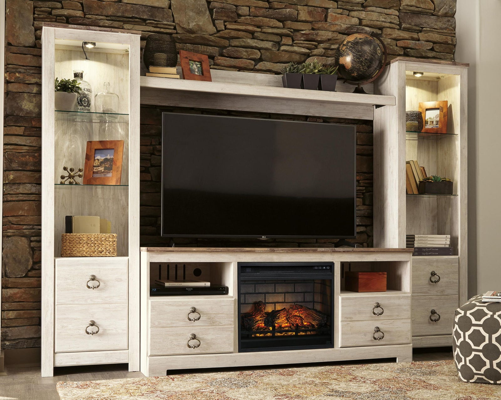 Willowton - Entertainment Center - TV Stand With Faux Firebrick Fireplace Insert - Whitewash – alternate view 2