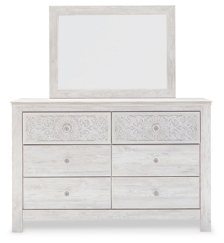 Paxberry - Dresser, Mirror - Medallion Drawer Pulls - Whitewash